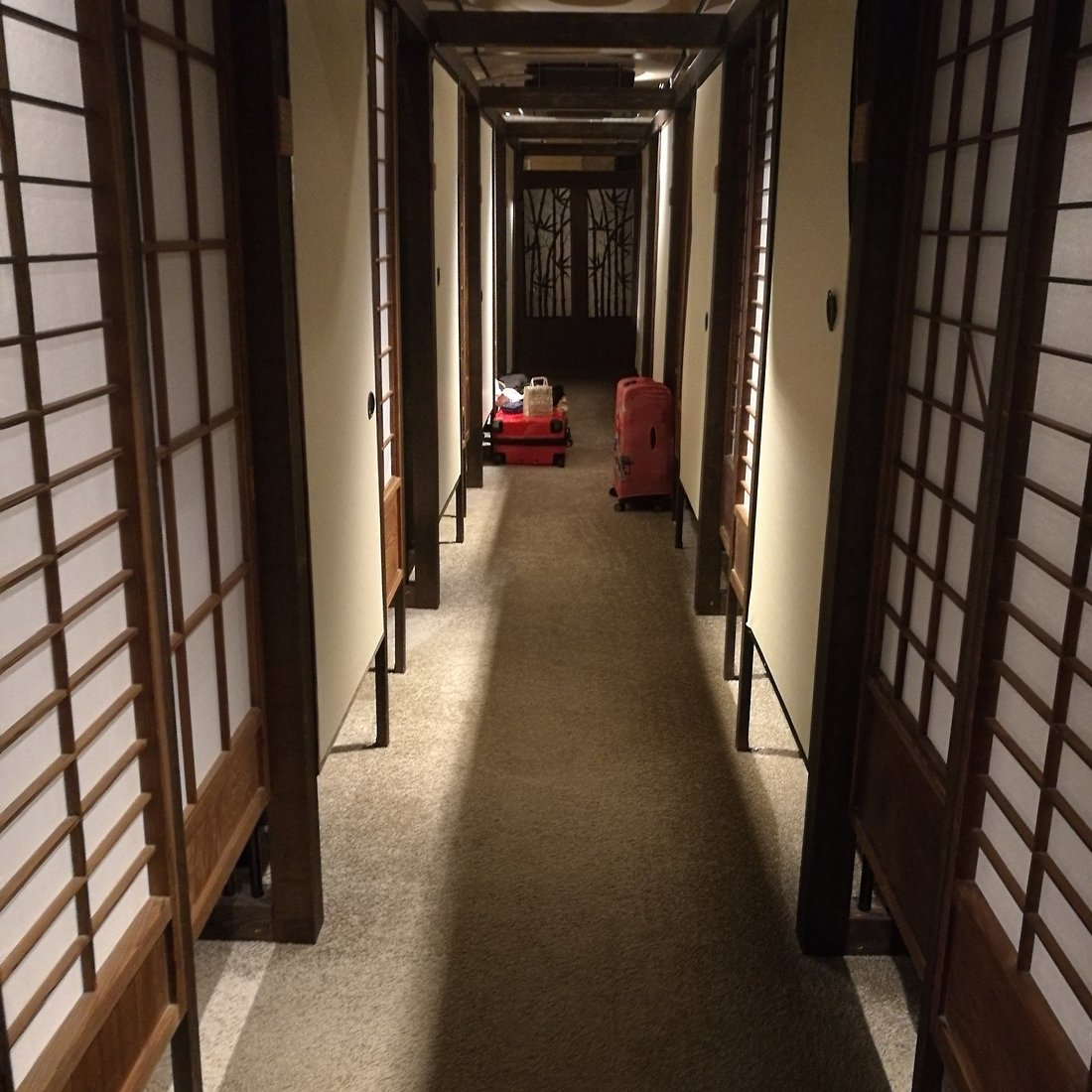 Row of enclosed cabin openings along an interior hotel corridor