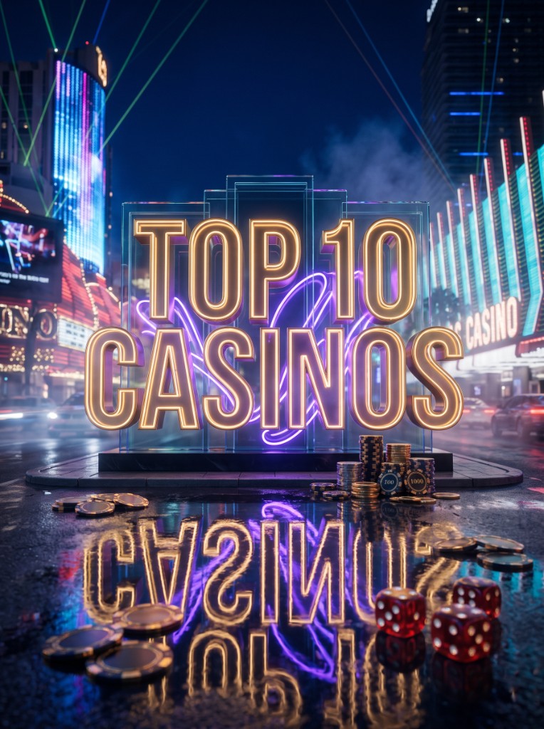Night city strip with neon casino lights reflected on wet asphalt